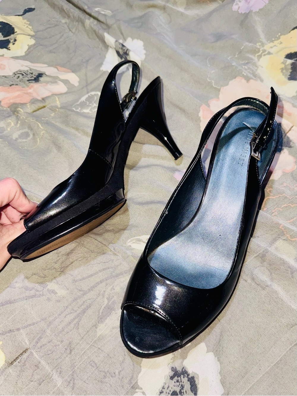 Women's Nine West Black Patent Slingback Peep-Toe Heels